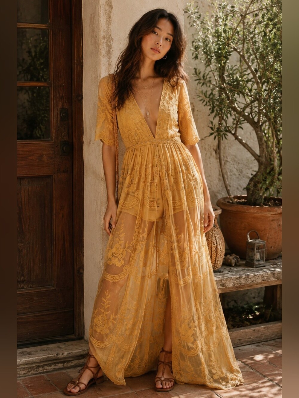 Honey Punch Mustard Yellow Lace Maxi Dress Boho Festival Deep V Size S NEW